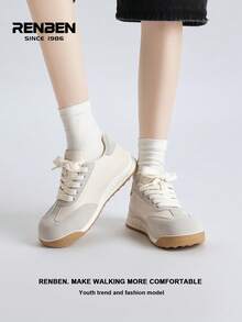 RENBEN Mẫu giày thể thao nữ buộc dây, đế độn ẩn, chất liệu mềm mại, kiểu dáng thường ngày, hàng mới về mùa xuân 2026. - Màu be - Xem 9