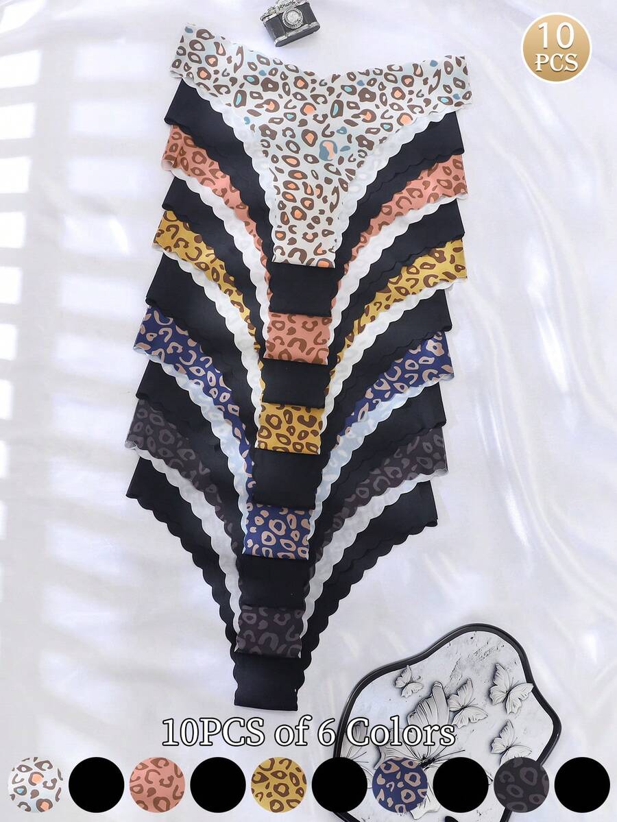 10pcs/Pack - Women's Seamless Wavy Edge Triangular Panties, Comfortable Soft Skin-Friendly Fabric Ladies Seamless Thong Underwear