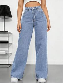 Jeans casuales de pierna recta y ajuste holgado para mujer con bolsillos, jeans rectos de moda, pantalones vaqueros holgados de mezclilla lavada, estilo vintage y casual - Neblina azul - Ver 1