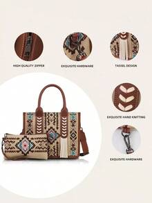 2pcs/Set Bohemian Vintage Women Handbag & Crossbody Shoulder Tote Bag With Wallet, Boho - Khaki - View 8
