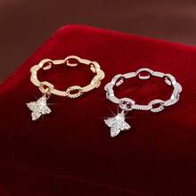 1 pieza Anillo de mujer con diseño minimalista de cadena y estrella de cuatro puntas con circonita cúbica - Multicolor - Ver 4