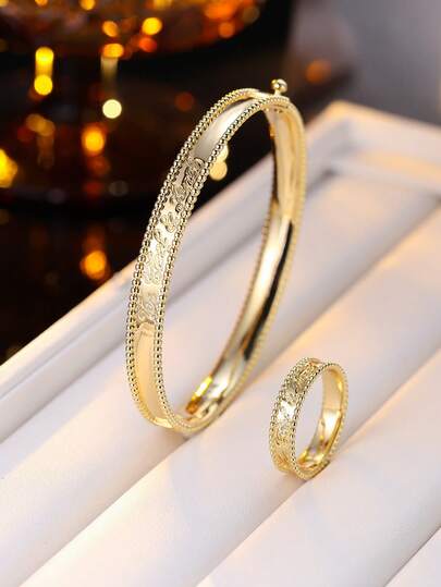 2pcs Elegant Minimalist Vintage Carved Pearl Edge Bracelet & Ring Set, Suitable For Daily Wear, Commuting, Gifting