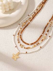 3pcs/Set Kalung Liontin Manik-Manik dan Bintang Laut Emas, Perhiasan Gaya Pantai Laut Minimalis Buatan Tangan untuk Wanita, Panjang Dapat Diatur, Warna Manik-Manik Acak - beraneka warna - View 3