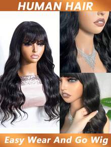 Tóc giả gợn sóng không viền ren phía trước, tóc giả làm từ tóc thật, có mái, dành cho nữ, dễ đội, không cần keo dán, độ dày 180%, tóc thật nguyên chất Brazil. - Natural Black - Xem 5