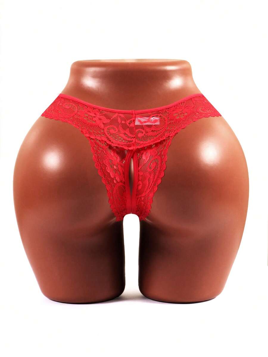 1pc Sexy Burgundy Lace Crotchless Panties For Women, Suitable For Outdoor Wear, Lace Thong - Red - View 1
