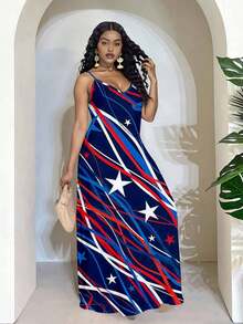 Patriotic Stars And Stripes Maxi Dress Women Summer Long Sleeveless V Neck Party Dress For Independence Day Celebration Fourth Of July EventSuitable For Casual Occasions - 白色 - 查看 4