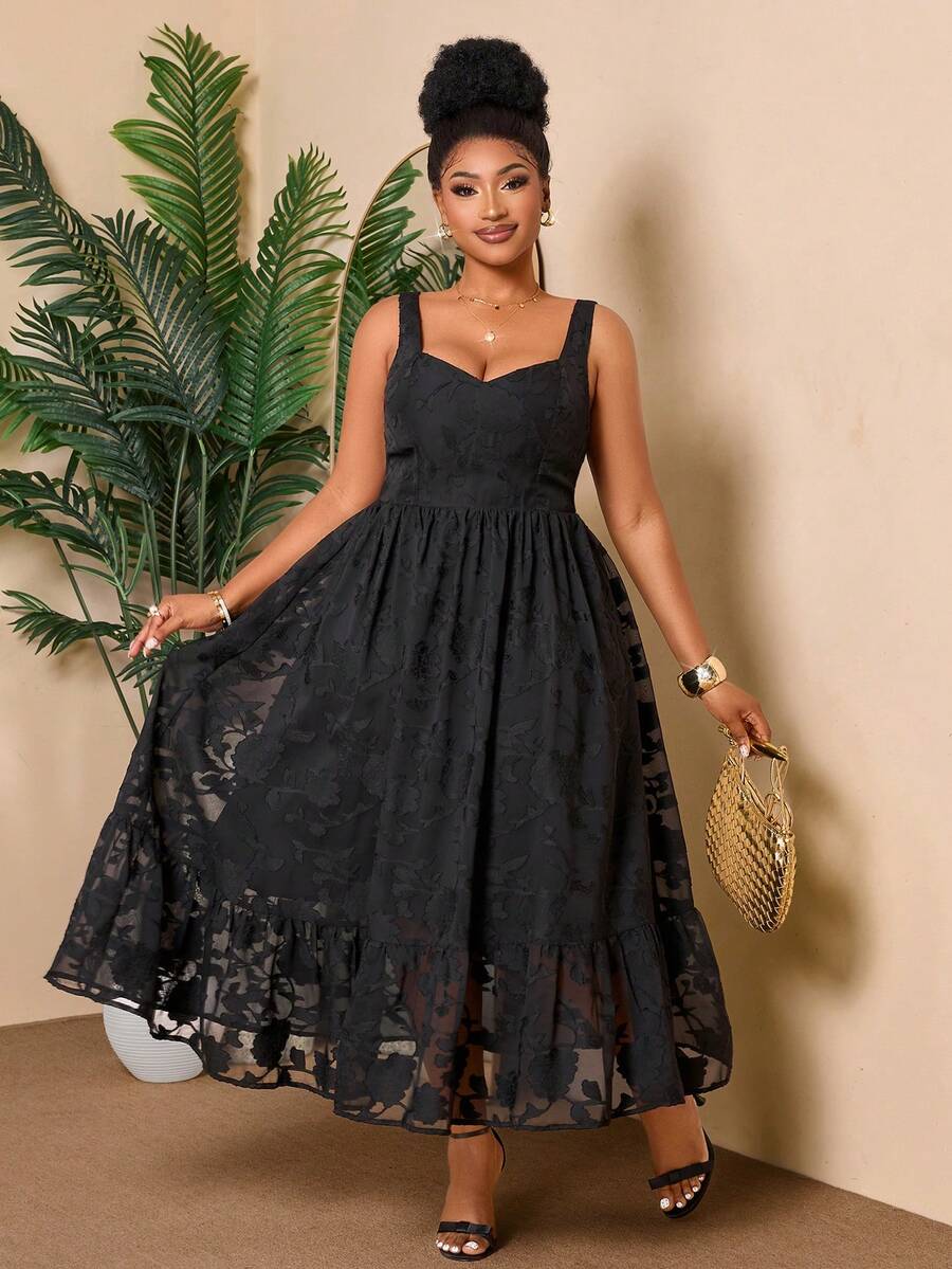 BIUBIU Women's Plus Size Jacquard Jacquard Long Dress With Ruffle Hem And Straps - Black - View 1