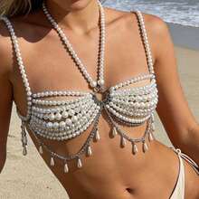 Pearl Chain Bra Beaded Tassel Halter Camisole Body Chain Jewelry For Women Rave Nightclub Party Outfit - White - View 2