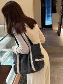 返校季黑白波点蕾丝帆布手提包，大容量撞色手提包，适合大学生，多功能单肩包，通勤及户外活动皆宜 - 深灰色 - 查看 4