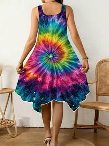 Colorful Tie Dye Print Women V Neck Sleeveless Dress Irregular Hem Design Comfortable Breathable Casual Vacation Beach Wear 250g - Nhiều màu - Xem 2