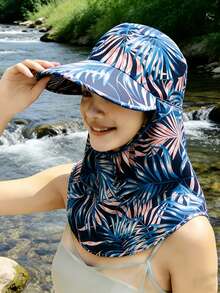 1 pieza Sombrero decorativo casual de poliéster con estampado, 2 piezas Sombrero de sol para mujer para primavera, jardinería, agricultura, exterior, ciclismo, playa, verano - Sombrero de sol integrado con estampado tropical - Ver 6