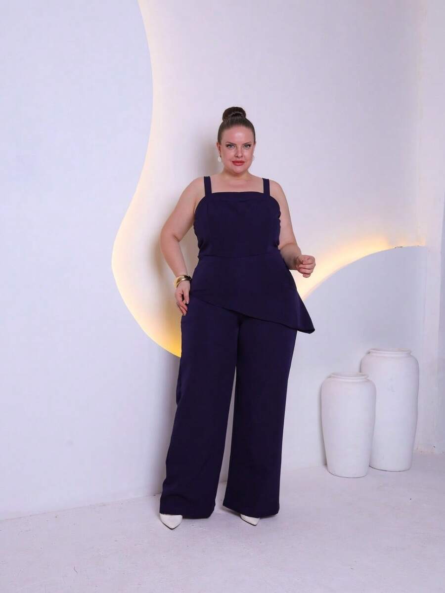 conjunto feminina plus size de alfaiataria de blusa com calça pantalona C3090-2 - Azul Marinho - Visão 1