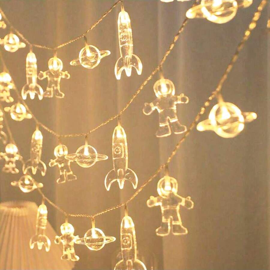 1 dây đèn LED 10 bóng hình phi hành gia, hành tinh, tên lửa dài 1.5m, trang trí phòng trẻ em, tiệc sinh nhật, tiệc lễ hội, trang trí nhà cửa, trang trí tường trong nhà, phòng em bé, dùng pin.