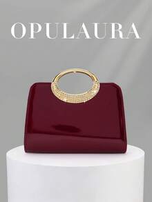 OpulAura 1件装复古酒红色亮面皮革手拿包，时尚闪亮水钻晚宴包，璀璨奢华正式礼服手提包，适合晚宴、派对、生日、婚礼、礼品 - 酒紅色 - 查看 2