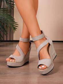 Sandales à talons compensés épais à bout ouvert  pour femmes, nouvelles pour l'été. Sandales à talons hauts à bout ouvert et fermeture éclair - Beige - Voir 6