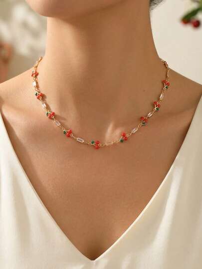 1pc Summer Sweet Cute Crystal Cherry Decor Clavicle Chain, Handmade Minimalist Necklace, Fashionable Neck Jewelry Suitable For Daily Wear And Party