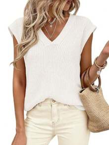 Women's Knit Sweaters Vest Lightweight Spring Cap Sleeve V Neck Tank Tops Summer Going Out Outfits - 白色 - 查看 3