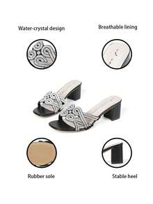 Women's Solid Color Glamorous PU Leather Rhinestone High Heel Sandals, Square Toe Chunky Heel Slip-On Shoes For Party, Spring/Summer - Black - View 7