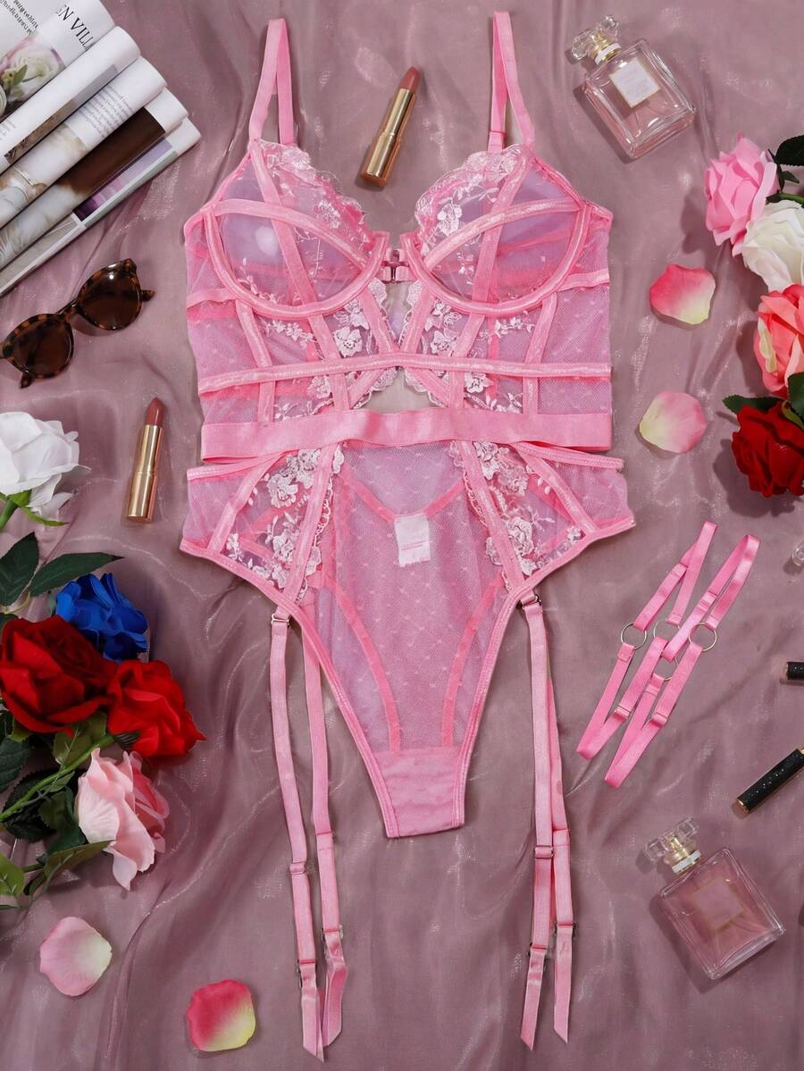 性感吊带透视白色露背连体裤 - 粉色 - 查看 1