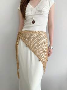 1pc Khaki Polyester Material Women's Bohemian Hollow Woven Belt - Khaki - View 5