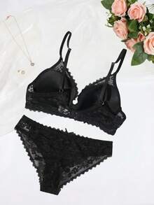 2pcs Comfortable, Soft, Lace & Sexy Women's Bra Set With Adjustable Straps, Daily Wear - Black - View 6