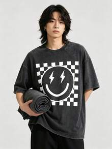 Vintage Washed Smile Face Lightning T-Shirt | Checkered Grid Graphic Tee | 100% Cotton Oversized Streetwear - màu đen - Xem 3