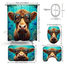 1 pieza/4 piezas Conjunto de cortina de ducha decorativa para el baño con estampado de yak para buceo, incluye 12 ganchos gratis, crea un ambiente elegante de vacaciones, alfombra de baño, alfombra en forma de U para el piso y alfombra redonda para el inodoro, adecuado para todo tipo de escenarios en el baño - Ganado de las tierras altas buceando - Ver 3
