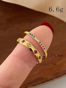 Rundraw 2pcs Minimalist Elegant Metal Plain Rings With Star & Moon Colorful Cubic Zirconia, Valentine's Day Couples Accessories, Everyday Wear - Vàng - Xem 2