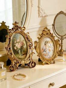 1pc Vintage Oval Photo Frame With Stand, Delicate Gold Carved Decorative Frame, Suitable For Displaying Photos, Artworks, Postcards, For Indoor Decor, Home, Birthday, Kitchen, Wedding, Bedroom, Living Room, Gift, Party - Multicolor - View 4