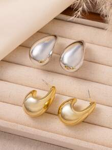 4pcs Metal Water Drop Curved Earrings Set, Gold & Silver Smooth Finish, Hypoallergenic Thick Design, Minimalist & Fashionable, Suitable For Various Outfits - Gold - View 5