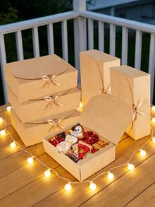 Kraft Paper Gift Box With Lid & Ribbon Closure - Large Vintage Folding Gift Box For Candles, Soaps & Journals, -Friends Presentation Box For Wedding, Party & Home Decor - Camel + Camel Ribbon - View 7