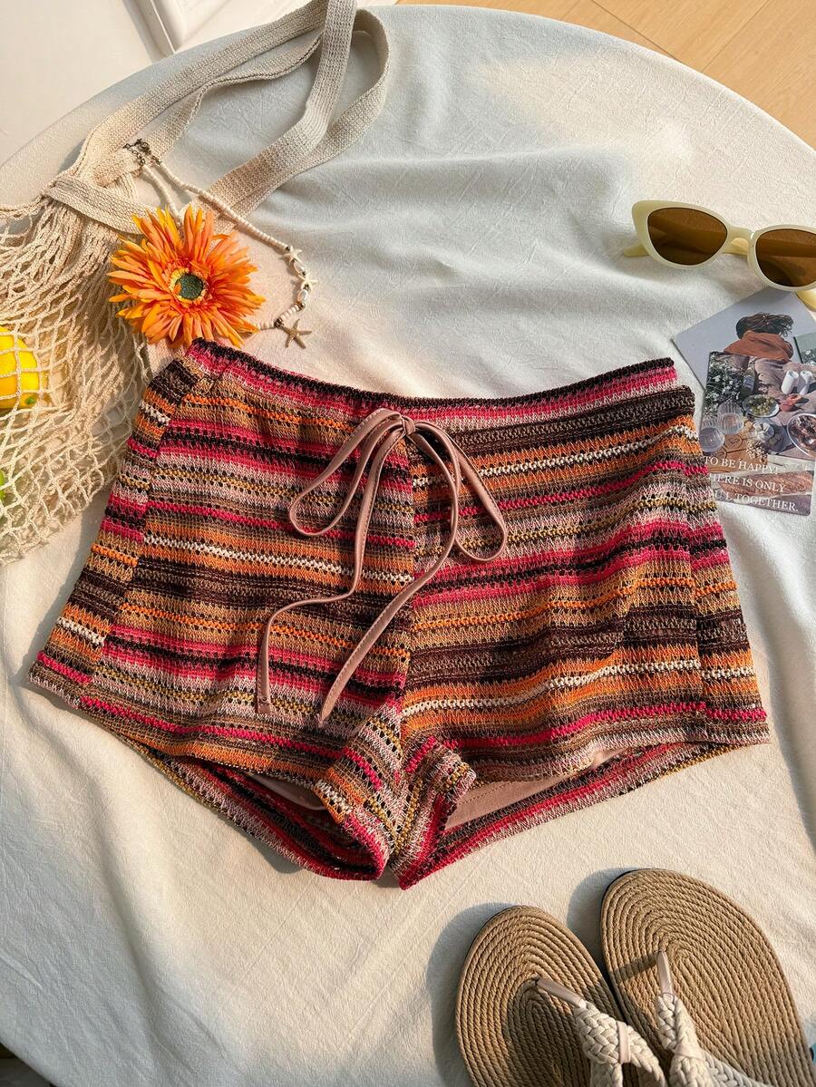 Women's Casual Striped Drawstring Shorts - Multicolor - View 1