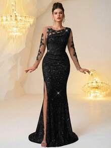Vestido Elegante Preto Feminino de Cintura Alta Plissado e Ajustado com Decoração Floral 3D, Vestido Longo de Manga Longa com Fenda Elegante em Formato de Cauda de Sereia, Adequado para Ocasiões Formais, Galas, Traje de Convidado de Casamento, Cerimônias de Formatura, Jantares e Festas - Preto - Visão 3