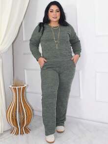 Plus Size Set: Long-Sleeved Blouse And High-Waisted Wide-Leg Pants With Pockets, In Premium Ribbed Knit - Elegant Women's Sweater, Comfortable For Winter, Cold Weather, Everyday Wear, Sizes GG, G1, G2, Cotton, Heather Green. - 綠色 - 查看 5