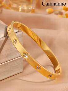 1/5Pcs Gold Plated Stainless Steel Cuff Bangles For Women, Classic Rhinestone Inlaid Stackable Bracelets, Non Tarnish Waterproof Jewelry - Gold - View 4