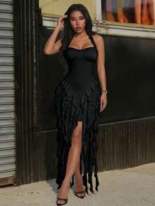 Jellyfish Ruffle Halter Sexy Dress, Graduation Gown Black Summer Party Elegant - Black - View 5