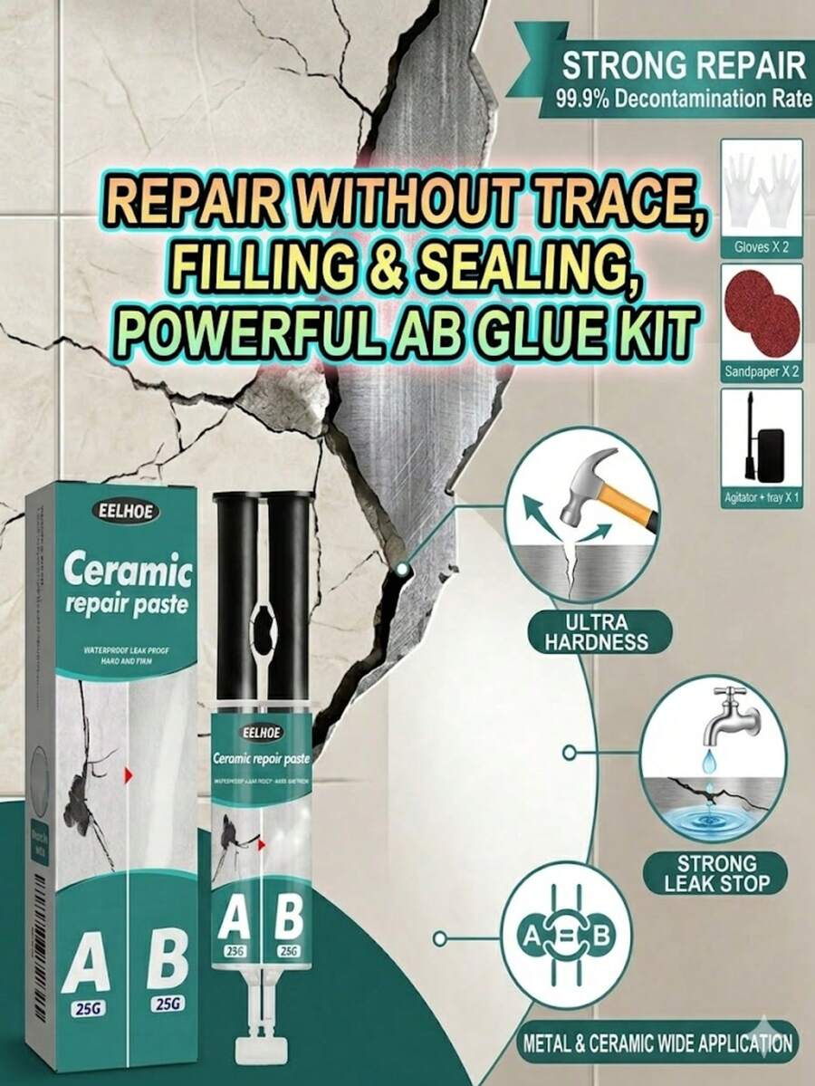 2-Part Epoxy Filler Kit For Tile Repair, Suitable For Ceramic, Tile, Metal, Wood, Concrete Crack Filling, Waterproof, Handmade Moldable Quick-Drying Multi-Purpose Household Epoxy Adhesive