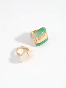 2026新款中国风复古优雅绿玛瑙白贝壳女士首饰套装，18K镀金几何戒指耳环套装 - 彩色 - 查看 2