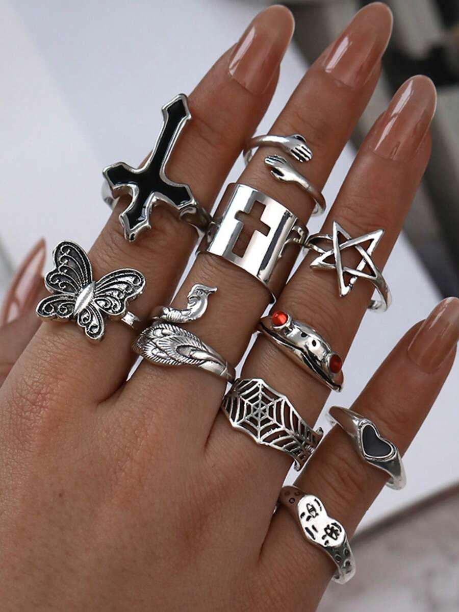 Set de 10 anillos con diseños exagerados de gota de aceite, rana, pavo real, mariposa y cara llorando - Juego de 10 anillos con forma de rana, pavo real y mariposa. - Ver 1
