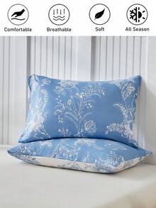 1pc Vintage Floral Print Pillowcase, French Countryside Style Polyester Pillow Cover, Botanical Pattern Decorative Throw Pillow Case, Suitable For All Seasons, Machine Washable, No Filling - Blue - View 2