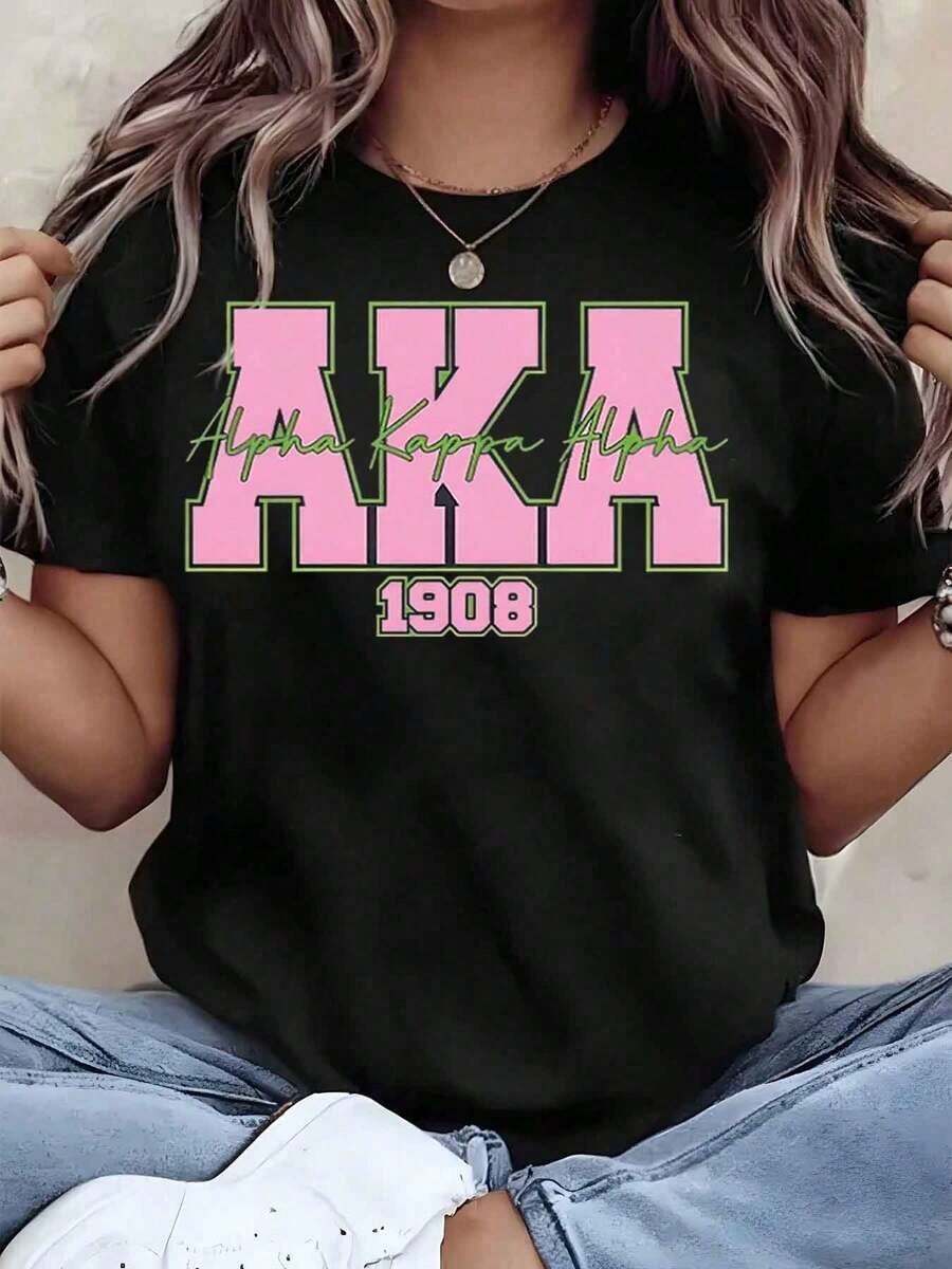 2026 Summer New Theme Women T Shirt Alpha Alpha AKA 1908 Sorority Print Crew Neck Short Sleeve Casual Top Gift For College Students - 黑色 - 查看 1