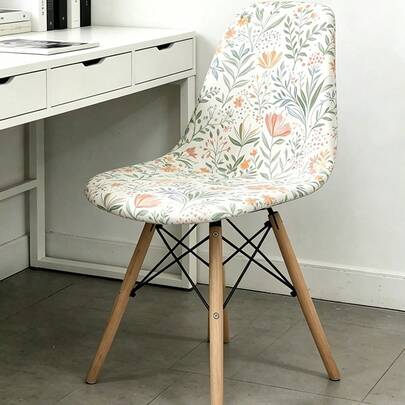 1/4/6pcs Blue & Pink Leaf Floral Digital Print Milk Silk Eames Chair Covers, High Stretch Dust-Proof All Season Suitable For Living Room, Kitchen, Home Decor, Curved Shell Chair Covers