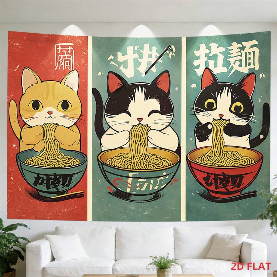 1件图案印花挂毯 - 猫咪、吃拉面、日文文字、碗、面条、房间墙面装饰、不发光、适用于客厅、冥想室、办公室、派对装饰 - 彩色 - 查看 1