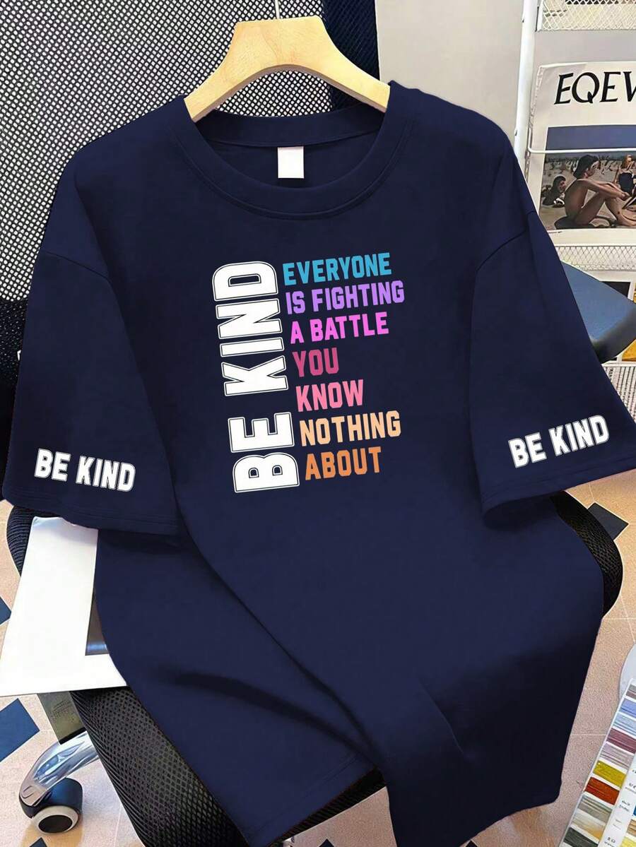Be Kind To Everyone Is Fighting Graphic Round Neck T-Shirt, Plus Size Women Casual Summer Top, Fashionable Printed Short Sleeve. Suitable For Summer Vacation, Beach, Holiday, Spring Wear - Navy Blue - View 1