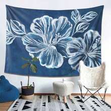 DTKJF Blue Floral Tapestry Wall Hanging - Soft Suede Fabric, Horizontal Design For Home & Party Decor, Indoor Use, Elegant Blue Flower Pattern On Dark Background - 彩色 - 查看 3