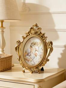 1pc Vintage Oval Photo Frame With Stand, Delicate Gold Carved Decorative Frame, Suitable For Displaying Photos, Artworks, Postcards, For Indoor Decor, Home, Birthday, Kitchen, Wedding, Bedroom, Living Room, Gift, Party - Multicolor - View 2