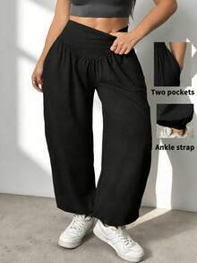 1pc Plus Size Women Casual Lantern Sports Jogger Pants, High Waist Elastic Waistband Design No Bulging, Side Pockets, Elastic Leg Openings Flattering Leg Silhouette, All-Match Daily & Workout Essential Pants, Spring/Summer - Black - View 1