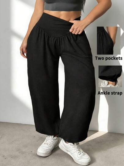 1件大码女士休闲灯笼运动慢跑裤，高腰弹力腰带设计，不勒腰，侧边口袋，弹力裤脚，修饰腿型，百搭日常及运动必备裤装，春夏款