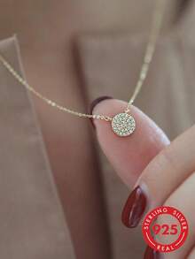 GAGAFEEL 1 pieza Collar francés romántico exquisito & encantador estilo , lujo ligero & vintage & único & personalizado S925 plata incrustado diamante completo círculo colgante clavícula con cadena plata para mujeres , regalo de cumpleaños - Dorado - Ver 1