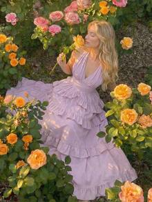 Women's Elegant Lilac Purple Deep V Neck Halter Multi-Layered Ruffle Waist Cinched Flowy A-Line Maxi Dress, Boho Fairy Tale Long Gown For Beach Vacation Wedding Guest Prom Party, Plus Size Available - 黑色 - 查看 5